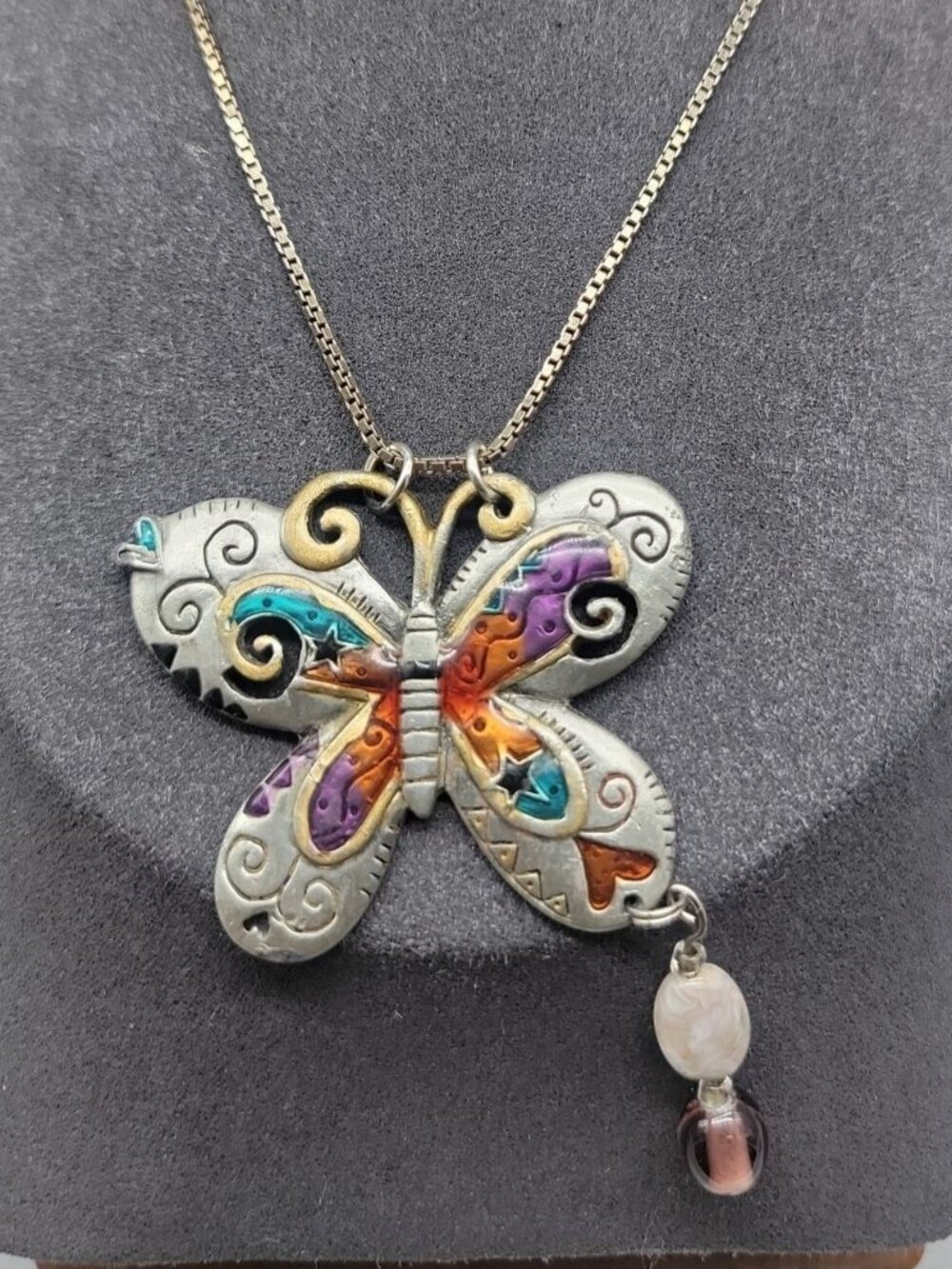 Sterling Silver Butterfly Pendant Necklace Enamel Inlaid 15" 925 Choker Chain - Picture 1 of 16